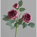 Three head artificial silk rose flower with baked edge petals in beige colour