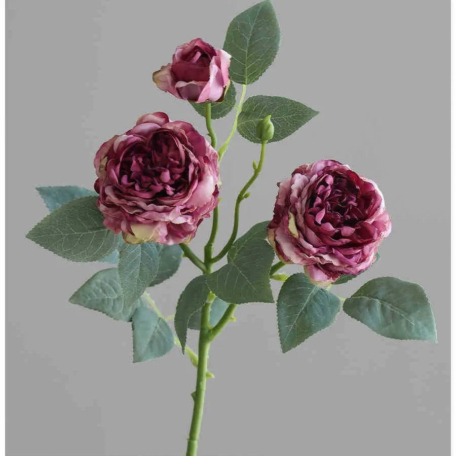 Three head artificial silk rose flower with baked edge petals in beige colour