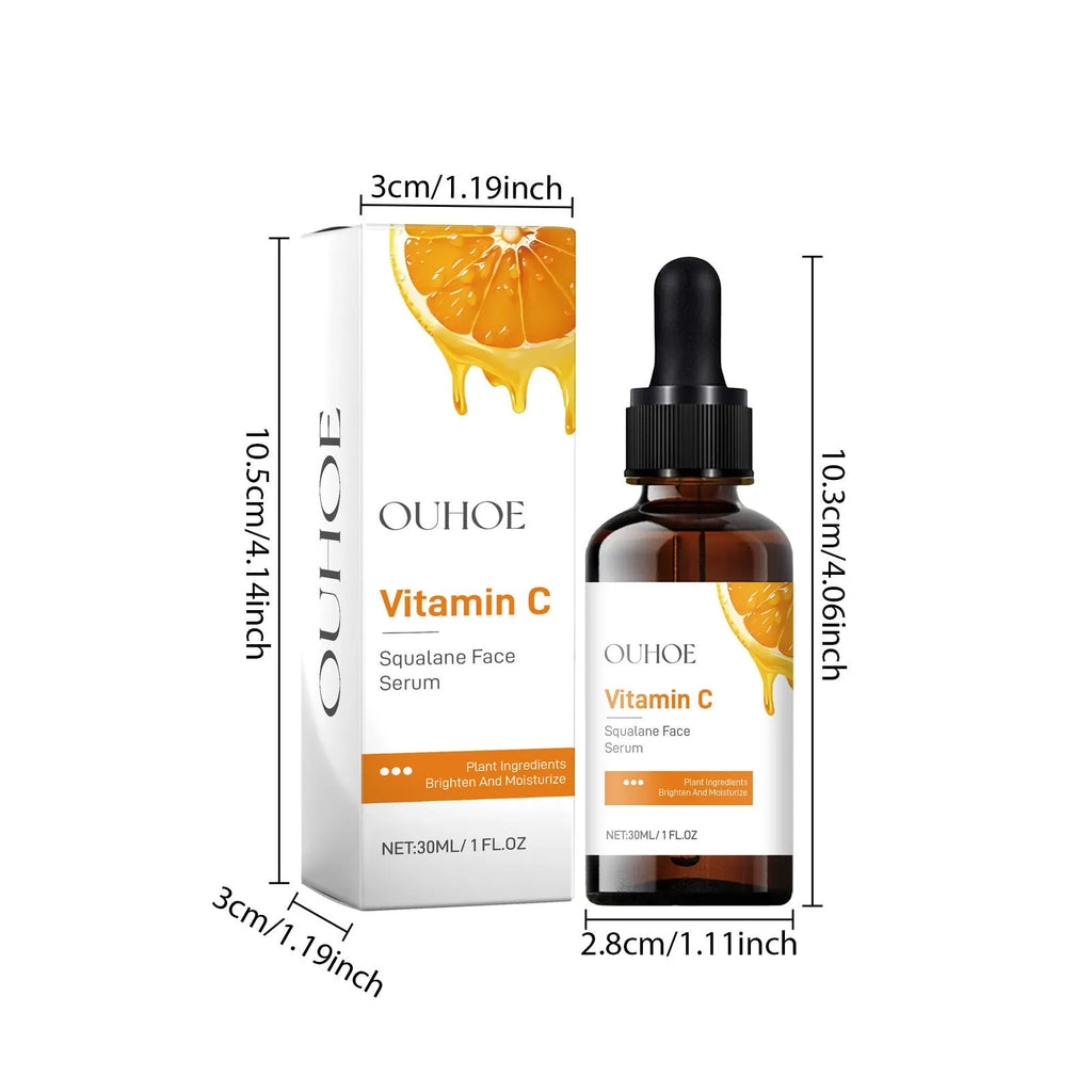 Squalane face serum in a clear PET bottle with ingredients including vitamin C, hyaluronic acid, and collagen