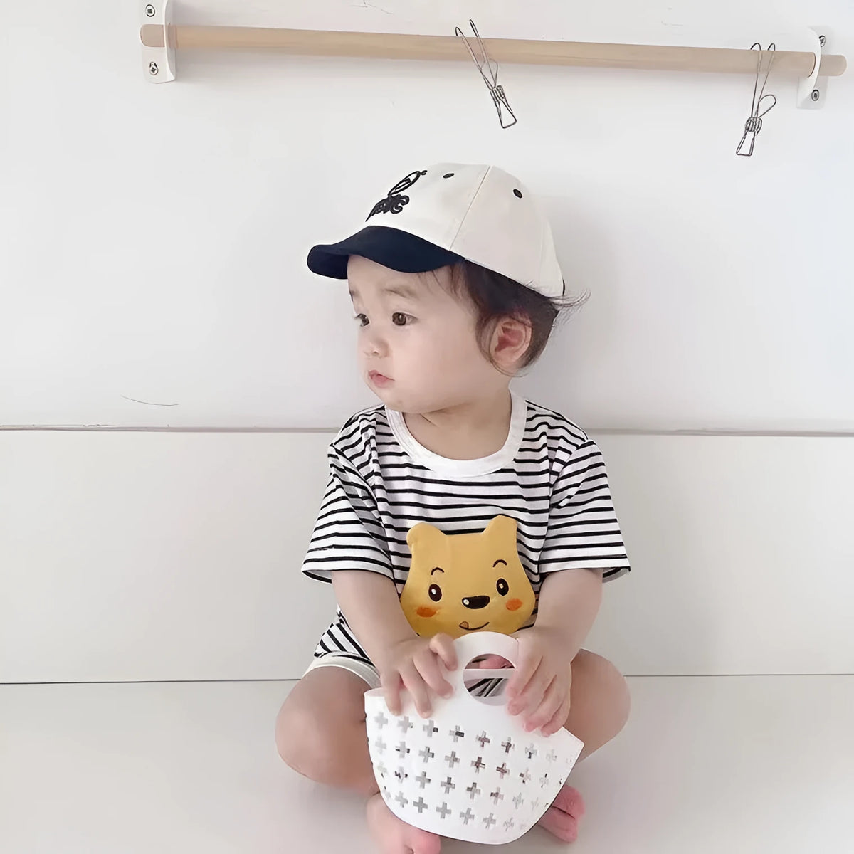Summer loose children pajamas set in black stripes with Ice Silk fabric and cartoon pattern