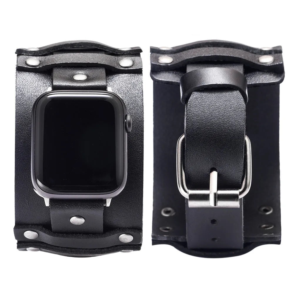 Punk style genuine cowhide leather watch strap in black, fitting 38/40mm watch lugs