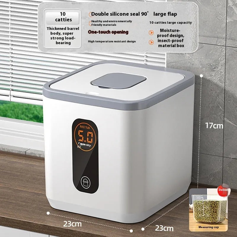 Grey plastic sealed rice storage jar with lid and a measuring cup, shown in three size options.