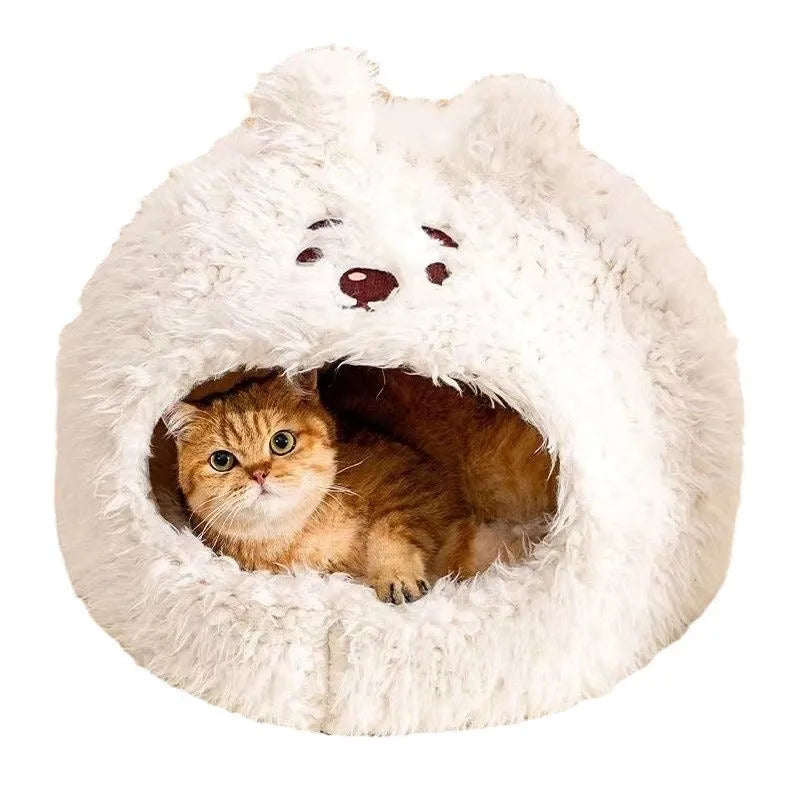Semi-enclosed cotton cat litter tent in yurt style, shown in bear design.