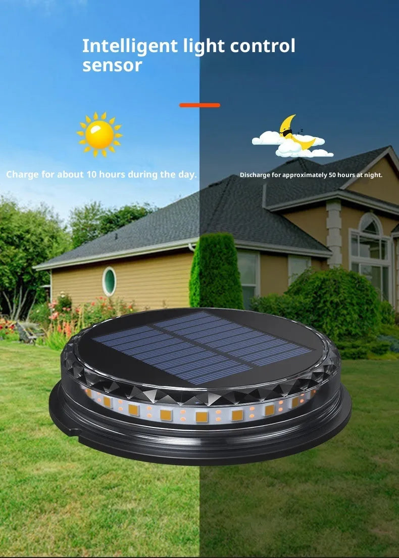 Solar buried light for outdoor courtyards and lawns, 121x121x26mm, ABS+AS construction, polycrystalline solar panel, 13lm warm or white light.