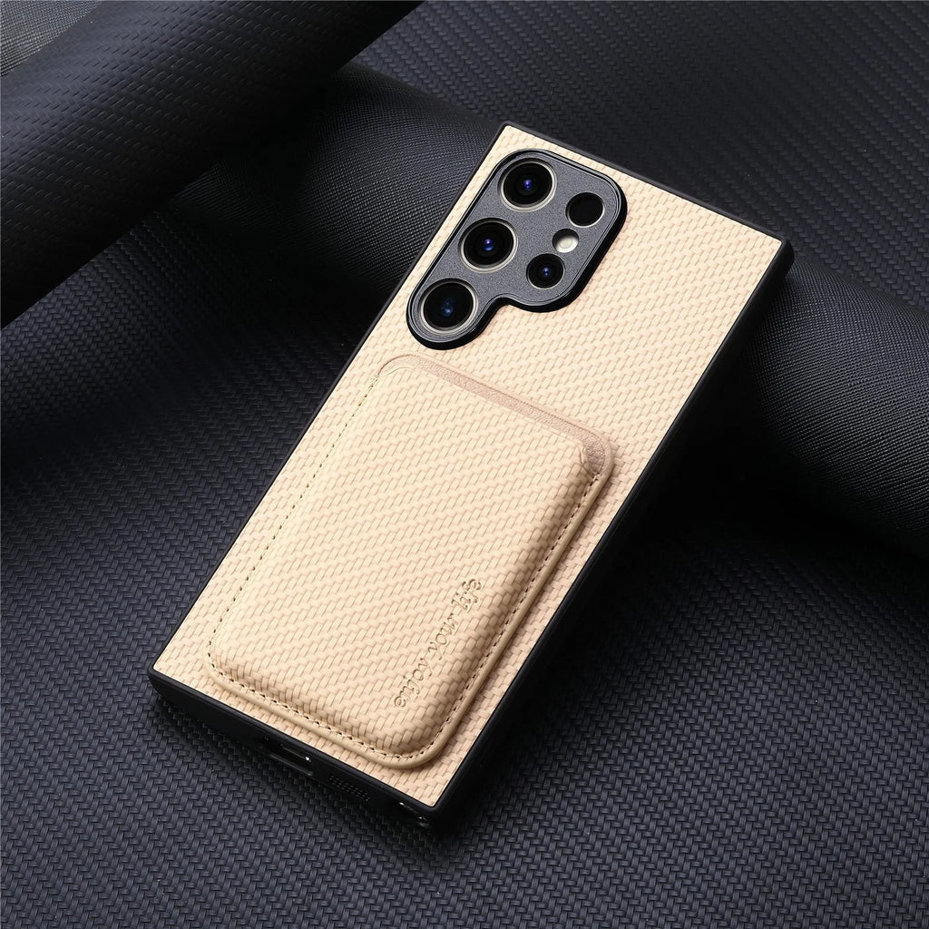 Samsung phone case with two-in-one suction Magsafe card holder in leather finish, black colour, side view