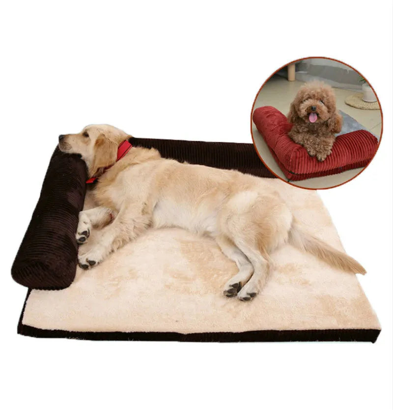 Corduroy dog bed with bolster sides in coffee colour on hardwood floor