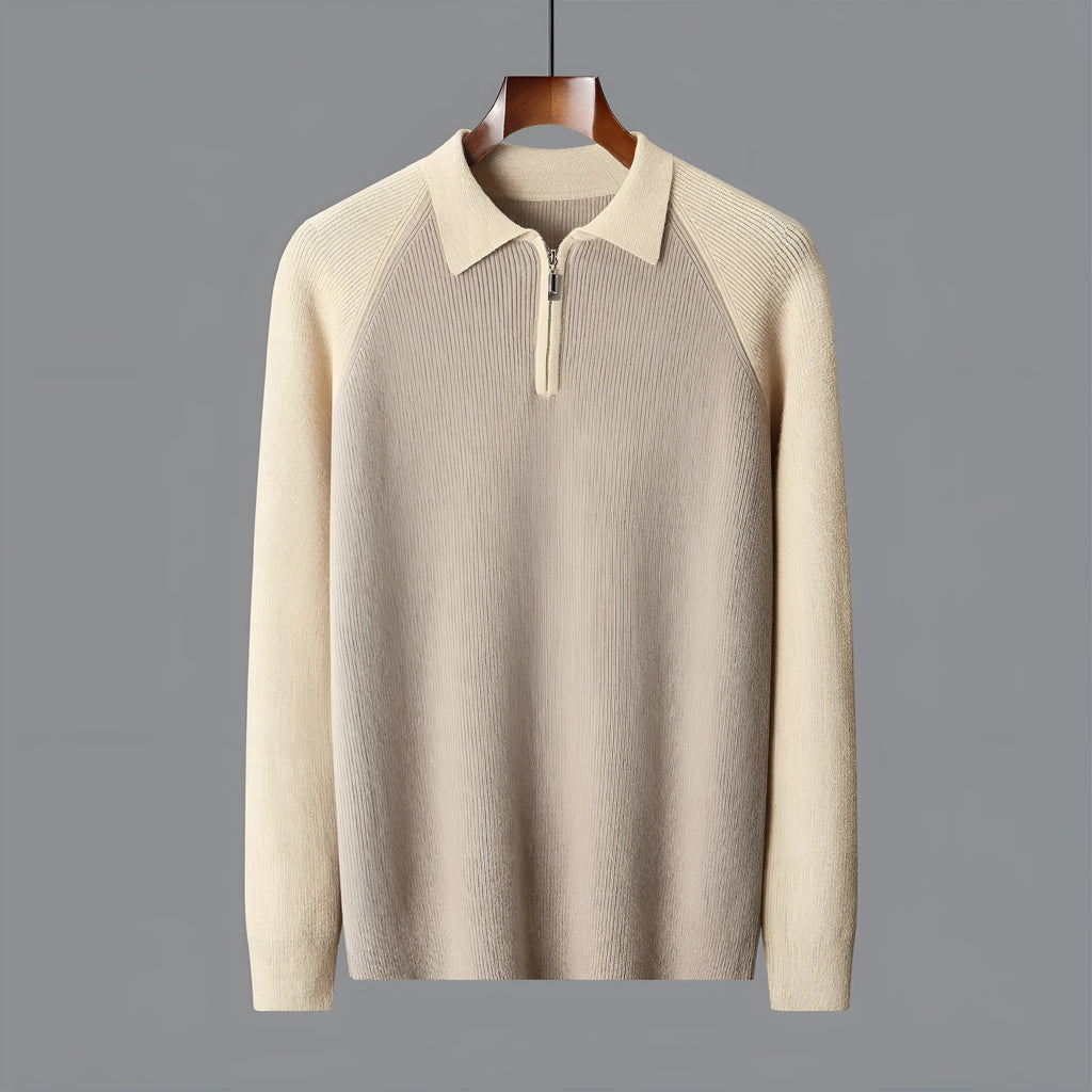 Men's wool half zipper contrast color lapel sweater in wheat camel colored slim fit winter pullover
