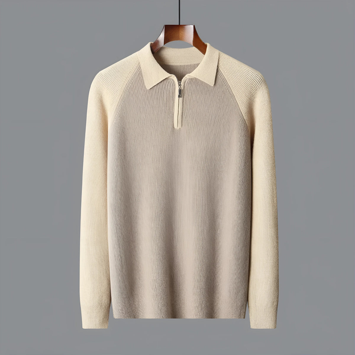 Men's wool half zipper contrast color lapel sweater in wheat camel colored slim fit winter pullover