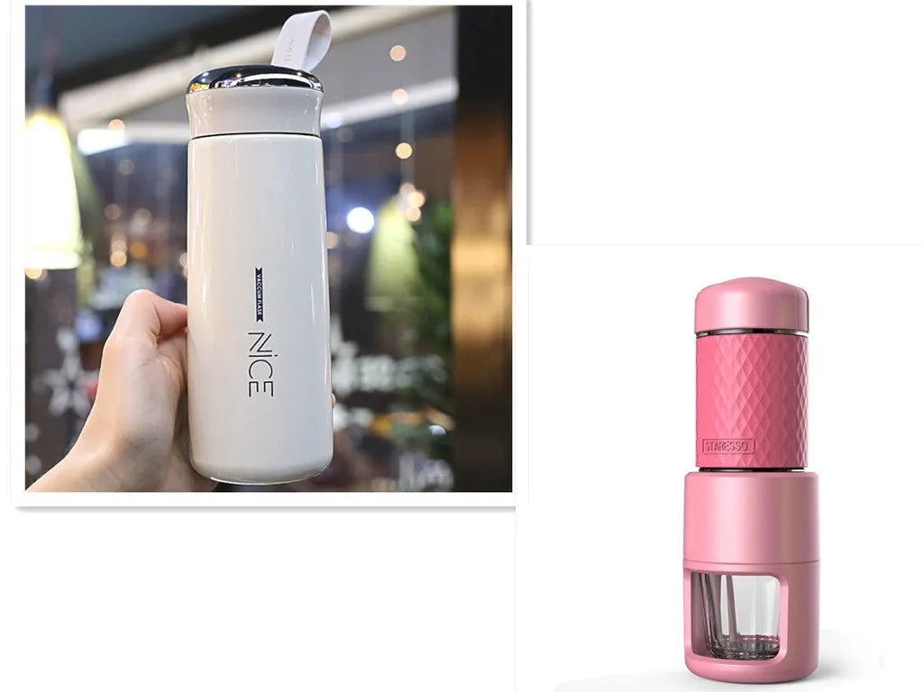 Portable manual espresso coffee machine in four colours with compact stainless steel design.