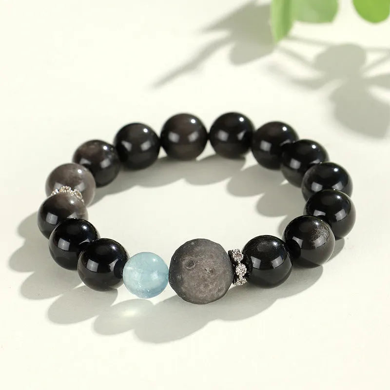 Silver stone crystal bracelet with fox charm featuring white, pink and navy blue beads