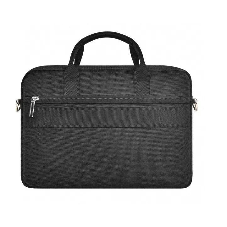 Black Oxford cloth multi-pocket laptop handbag showing separate internal layers and an integrated lock.