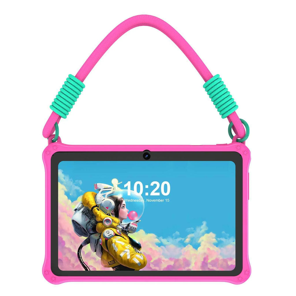 7-inch silicone protective case for children's tablets in sapphire blue and dark pink colours with flat strap