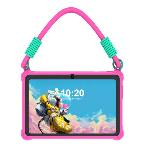 7-inch silicone protective case for children's tablets in sapphire blue and dark pink colours with flat strap
