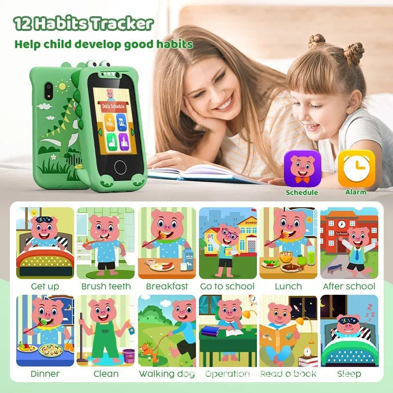 Blue educational toy mobile phone with silicone case showing touch screen and camera functions