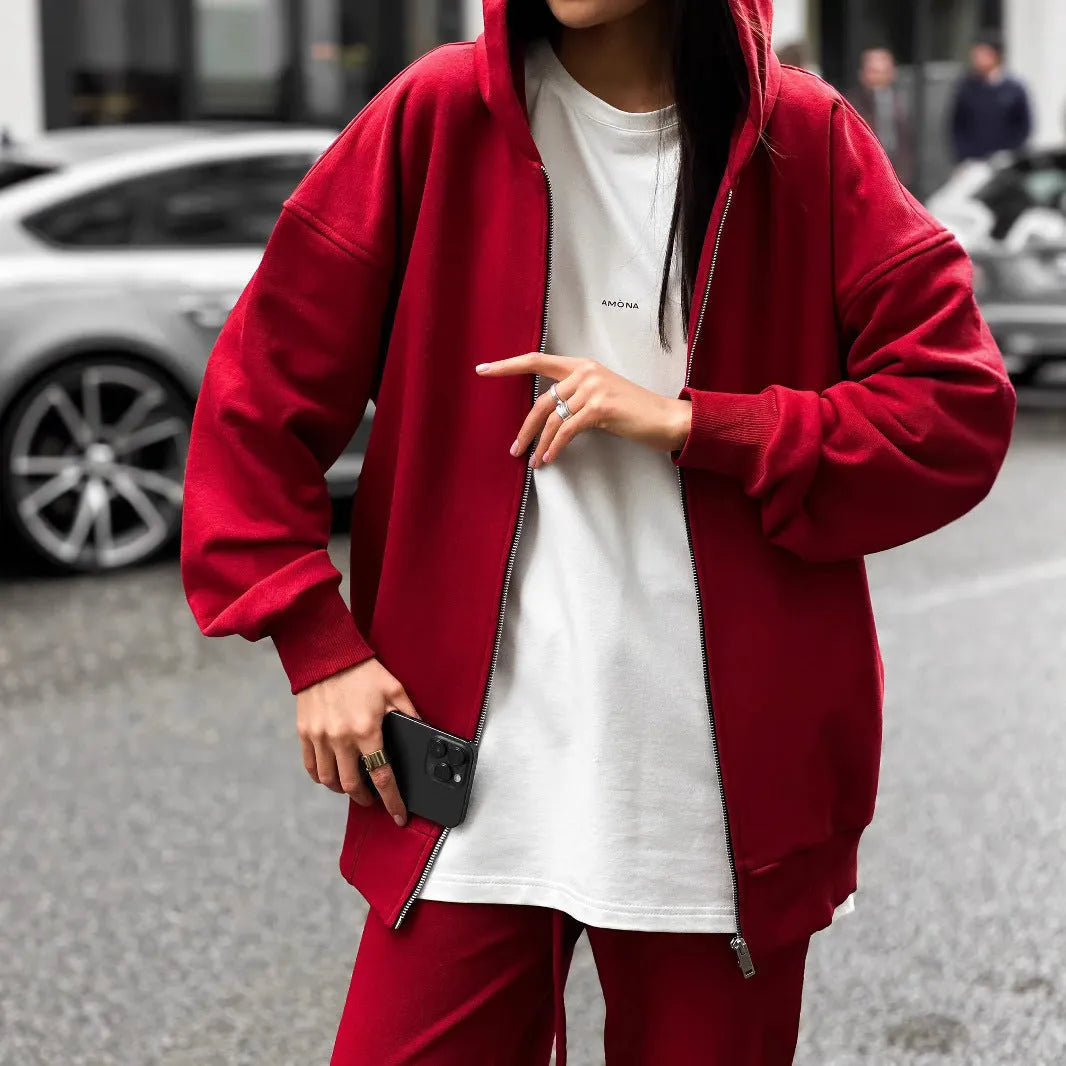 Street style long-sleeved coat and trousers two-piece set in solid colour with loose fit design