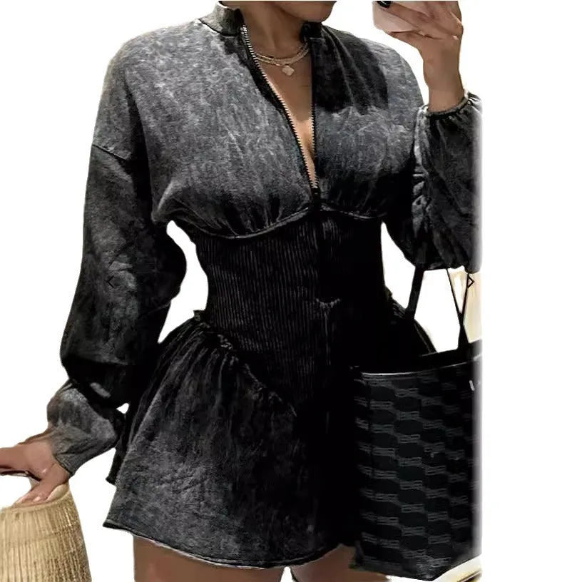 Gray digital print women's dress with drawstring waist and A-line silhouette