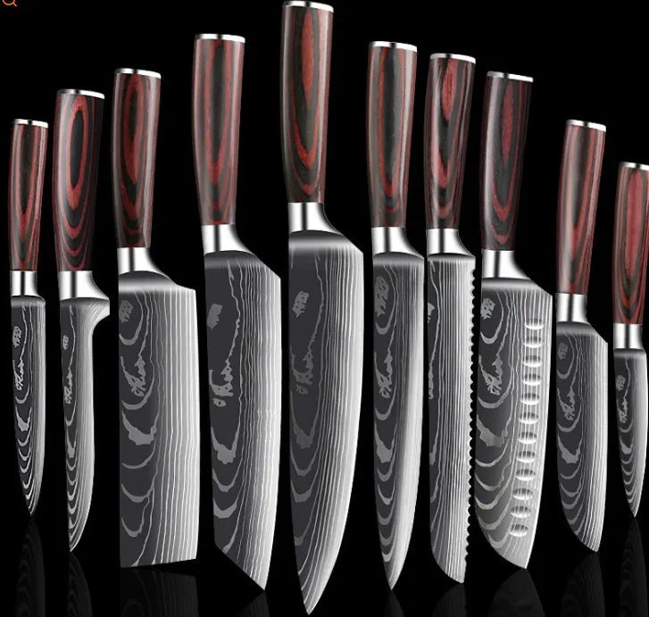 7Cr17 stainless steel kitchen knife with laser Damascus pattern blade and coloured wood handle