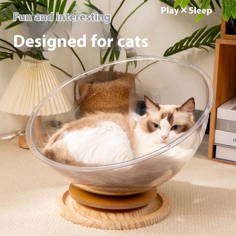 Transparent acrylic space capsule-shaped cat bed on a turntable, showing large size option.