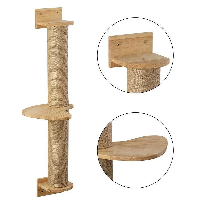 Wooden wall-mounted cat climbing frame with a natural flax cordage scratching post in wood and khaki colours.