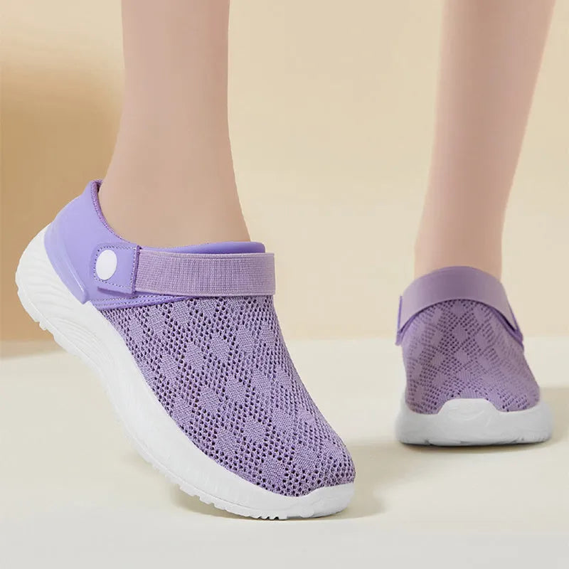 Women's breathable mesh sandals one-step slip-on round toe half-slip design with PVC sole