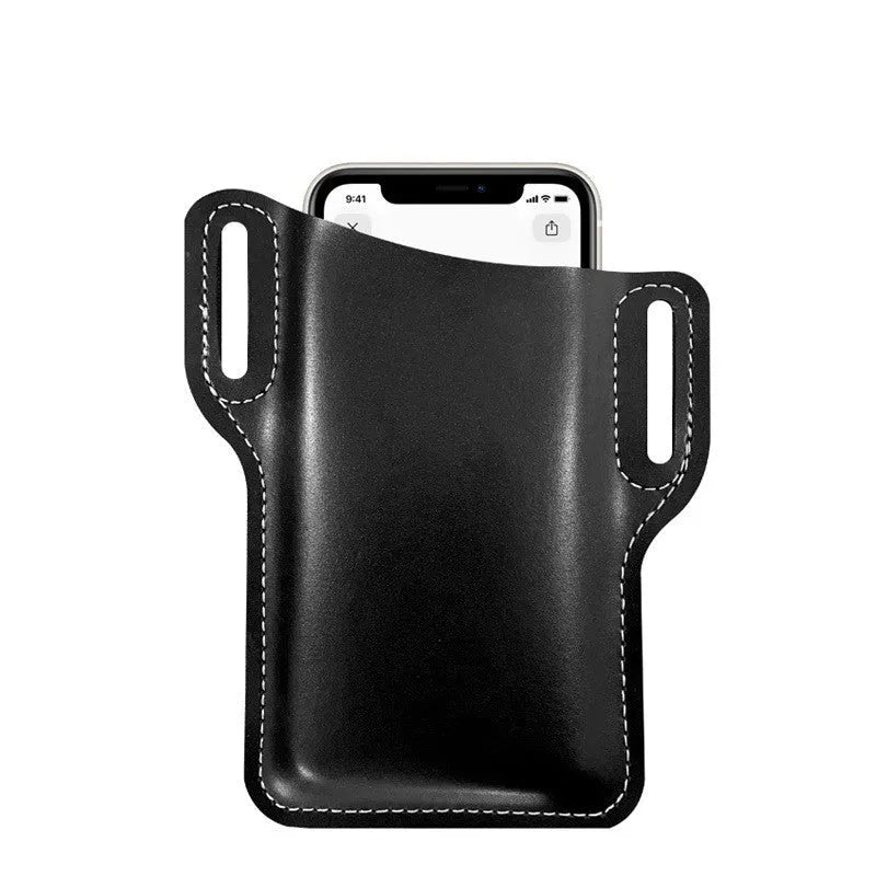 Men's PU square vertical waist belt bag in black, designed for oversized phones, front view