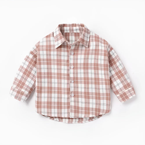 Boys' cotton lattice shirt in khaki, light blue, pink, or yellow with long sleeves for spring and autumn wear