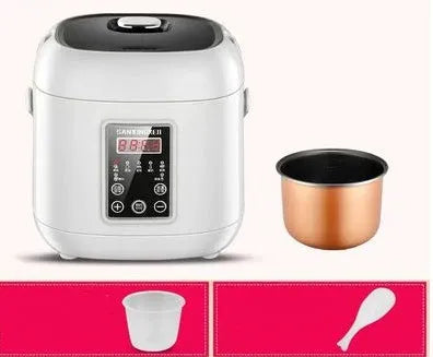 Compact round miniature rice cooker with steaming tray in blue, shown with non-stick liner and mechanical control panel.