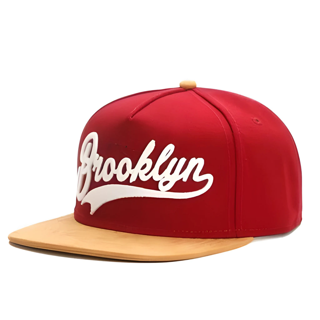 Adjustable cotton baseball cap with embroidered letters, dome top, short curved brim, in black and red for outdoor use