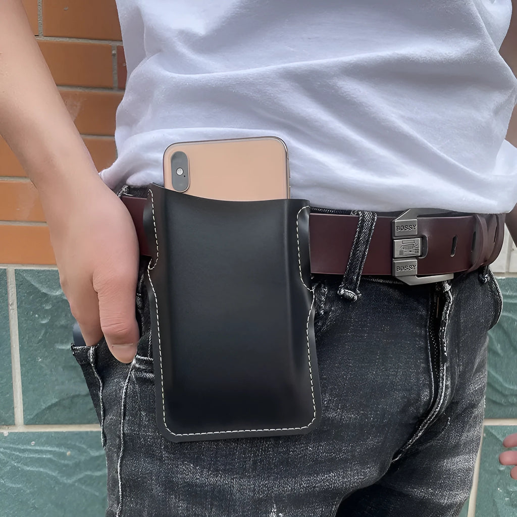 Men's PU square vertical waist belt bag in black, designed for oversized phones, front view