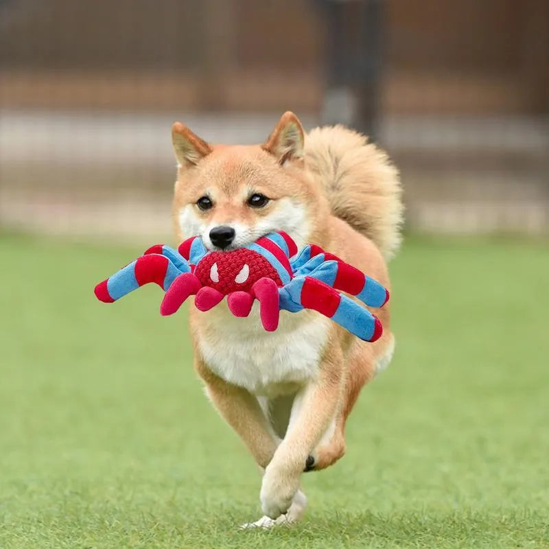 Red soft plush dog toy with squeaker for medium and large breed chewing and interactive play