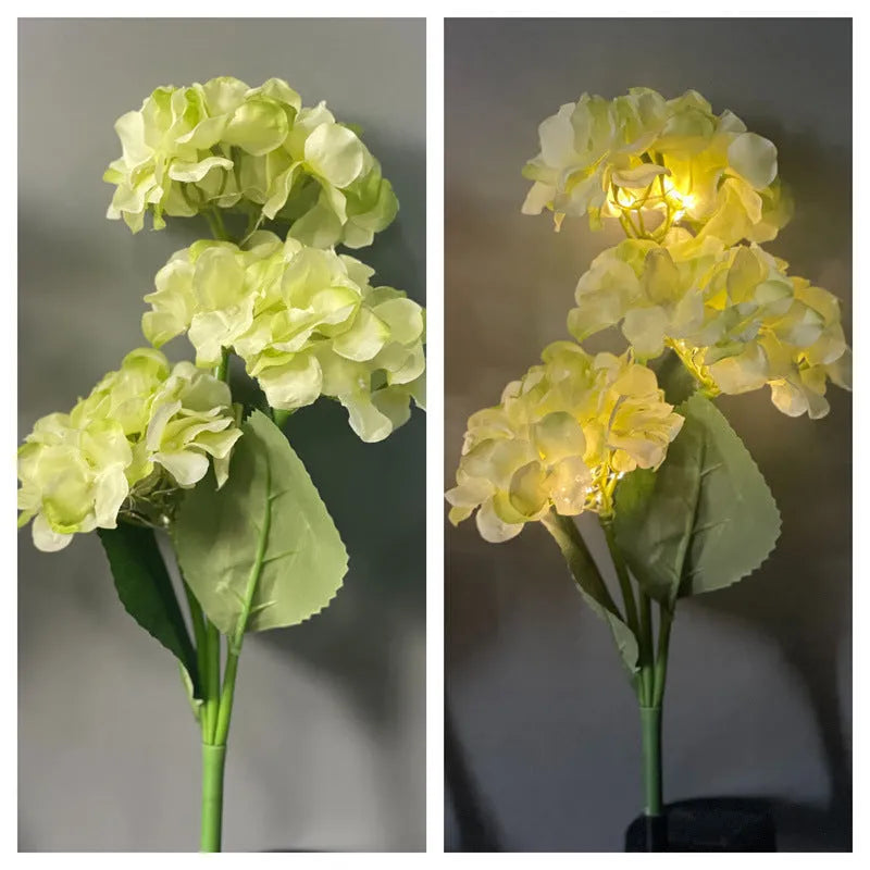 Solar hydrangea garden lights with plant modelling in outdoor setting showing colour variations