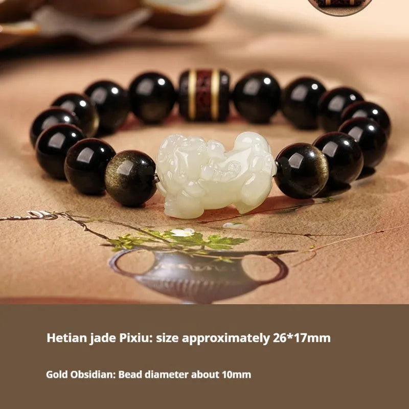 Traditional Chinese Hetian jade bracelet with black and red braided ropes and jade beads on elastic cord