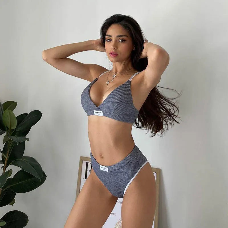 Women's bikini underwear set with contrast binding and letters embroidery in grey, black or white colour options