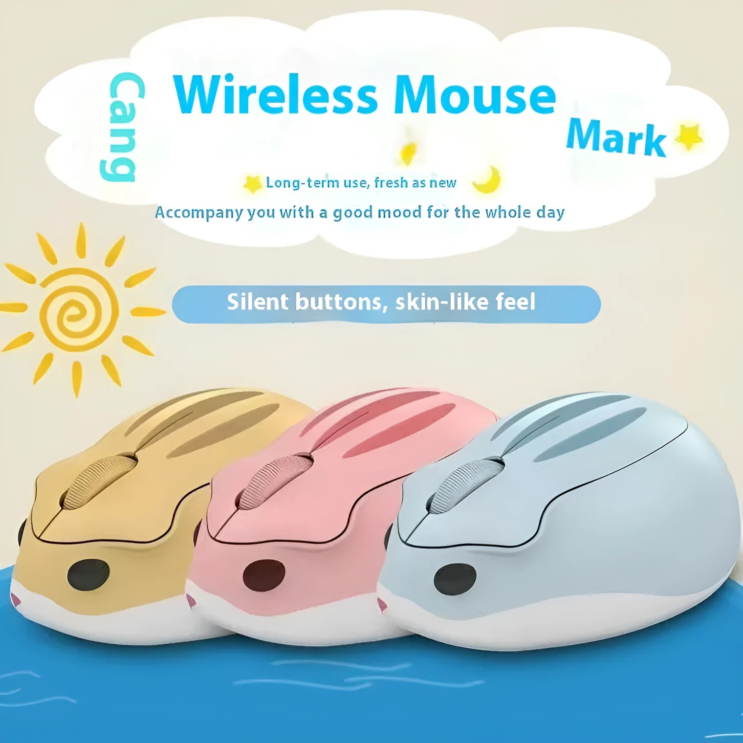 Hamster Wireless Bluetooth Mute Mouse in yellow, pink, or grey on a laptop.