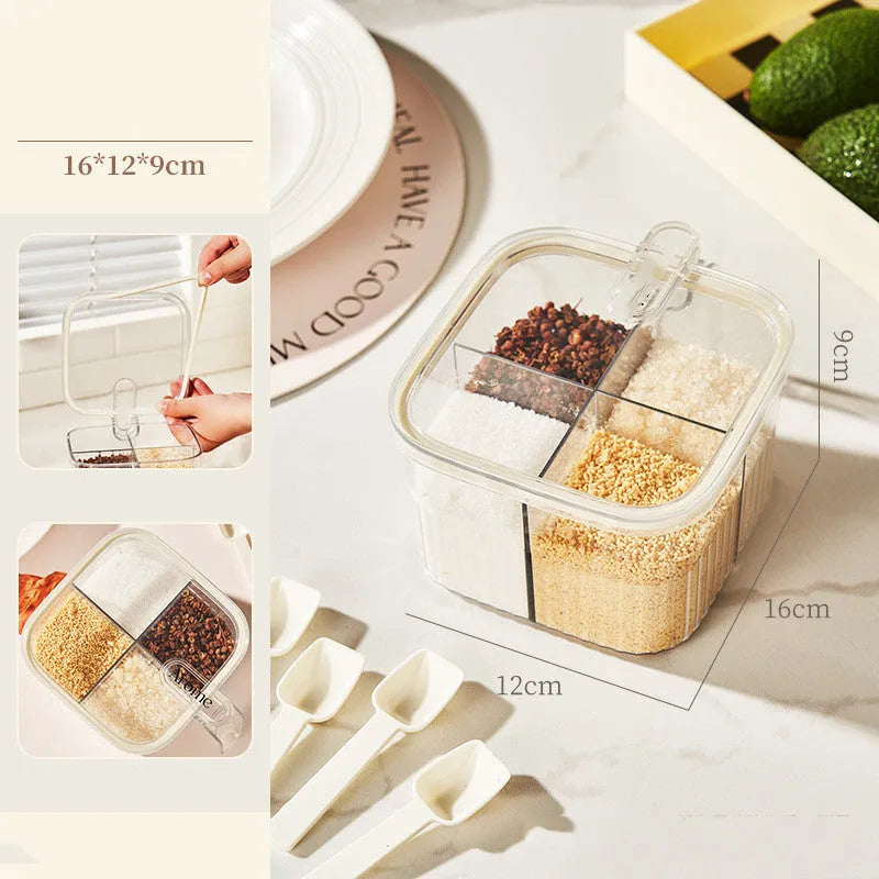 Rotating kitchen storage organiser with spice box compartments on countertop