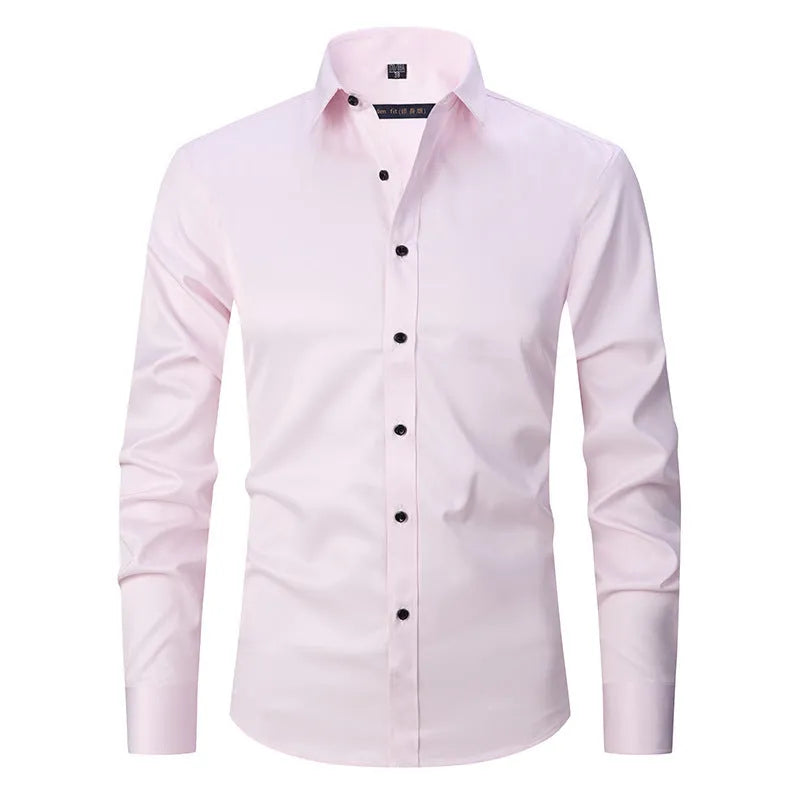 Men's stretch polyester long sleeve work shirt shown in a colour option, laid flat to show design.