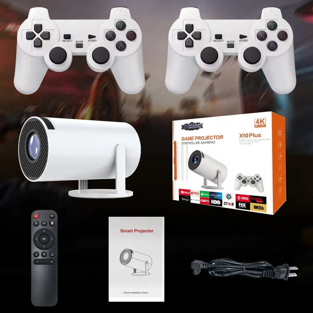 White Barrel X10 PLUS portable smart projector with gamepad and remote control on a table.