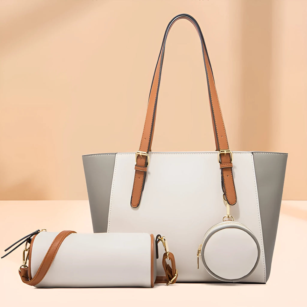 Fashion large capacity three-in-one PU Saffiano bag set in khaki with contrast colour details and double shoulder straps