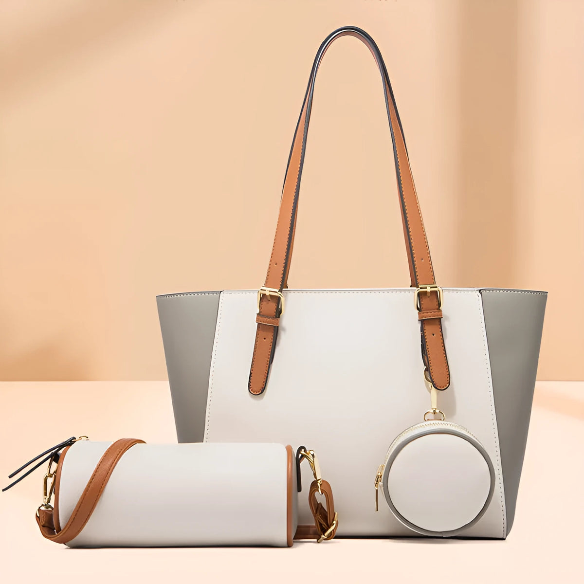 Fashion large capacity three-in-one PU Saffiano bag set in khaki with contrast colour details and double shoulder straps