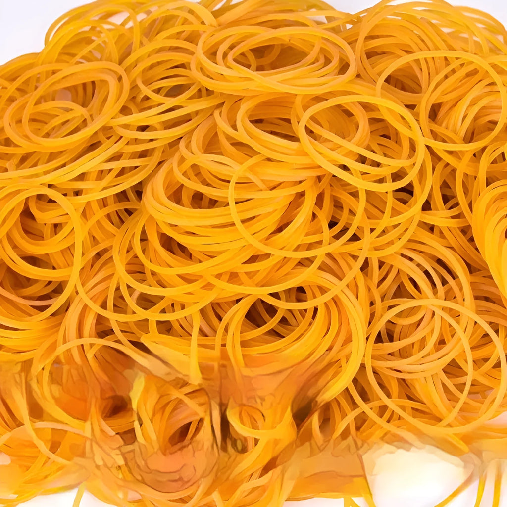 500g bulk pack of yellow rubber bands showing seven different diameters from 16mm to 70mm