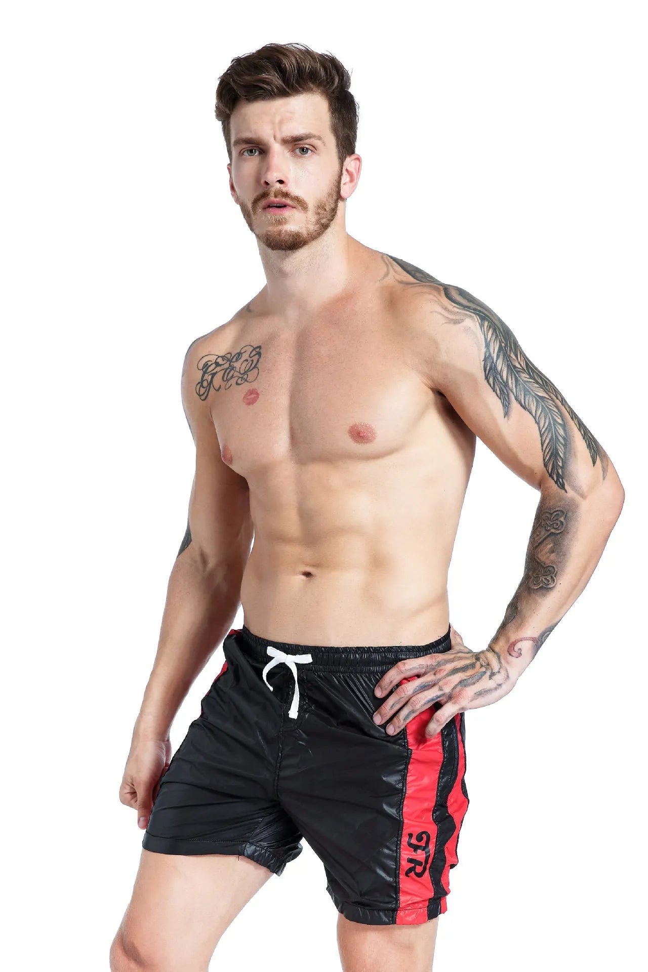 Men's blue lace-up sport shorts with slim fit and padding on a white background.