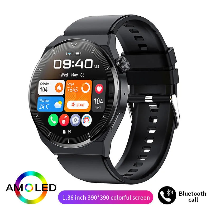 Black silicone strap smartwatch with silver case showing touch screen displaying health metrics