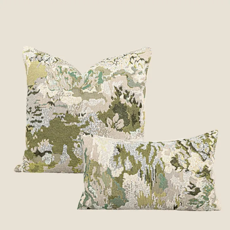 Antique green decorative pillow with abstract botanical pattern, available in square and waist pillow sizes