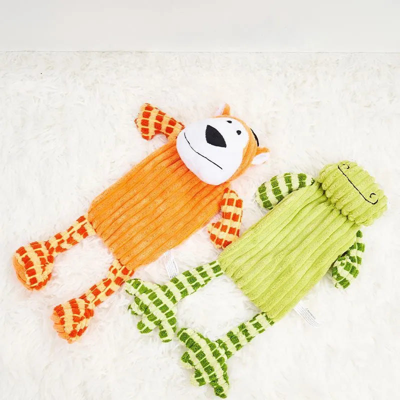 Green and orange plush squeaker dog toy for aggressive chewers with double-layer cotton shell