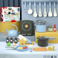 31-piece simulation induction cooker kitchen toy set in red, with plastic cookware items on a play table