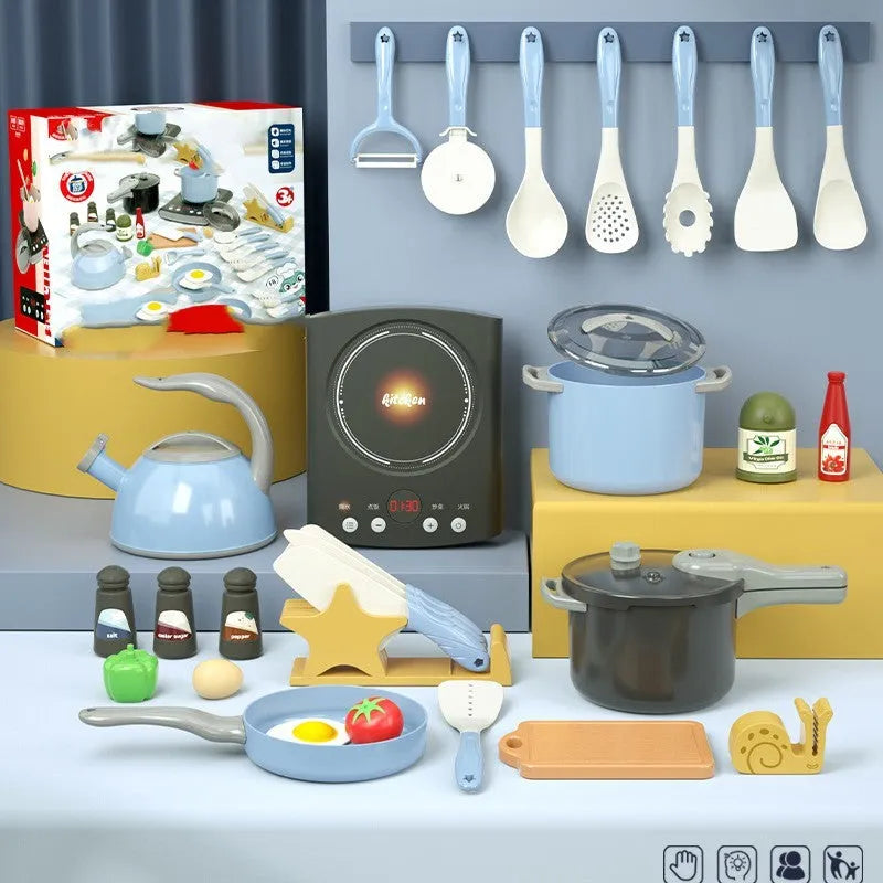 31-piece simulation induction cooker kitchen toy set in red, with plastic cookware items on a play table