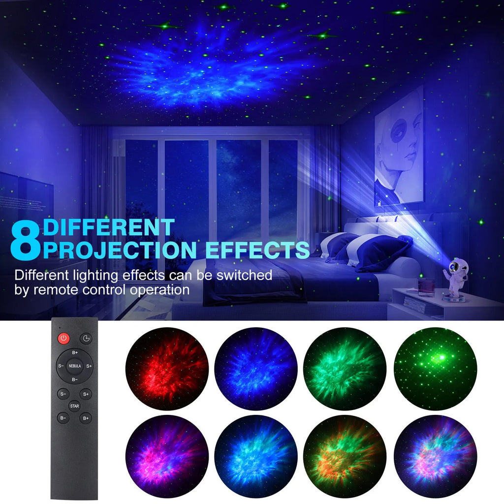White Exit Astronaut Starlight Projection Lamp with USB cable and remote control on a table, projecting a blue starry light effect