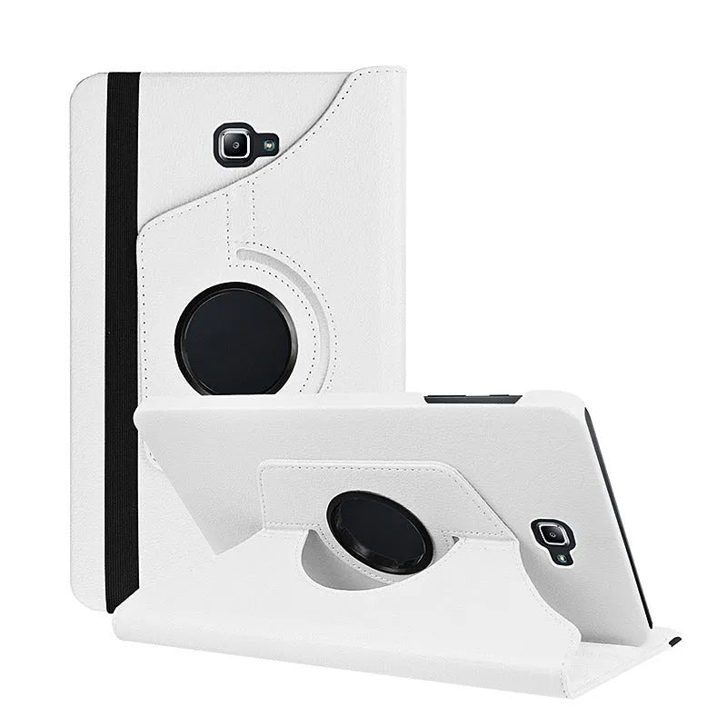 Rotating leather tablet case in clamshell design showing T-series compatibility and multiple colour options