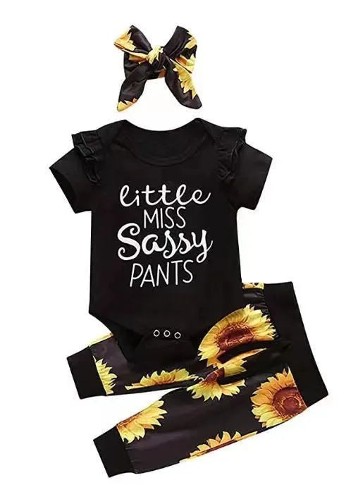 Baby cotton letter print jumpsuit set with headband, pullover top and pants, black ten D or M, 70-100cm height