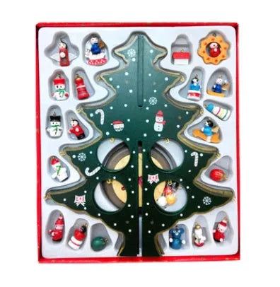 Hand painted wooden Christmas tree desktop decoration in red and green colours measuring 36cm tall